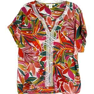 C & C California Women's Top Tropical Multicolor Embroidered 100% Cotton Size XL